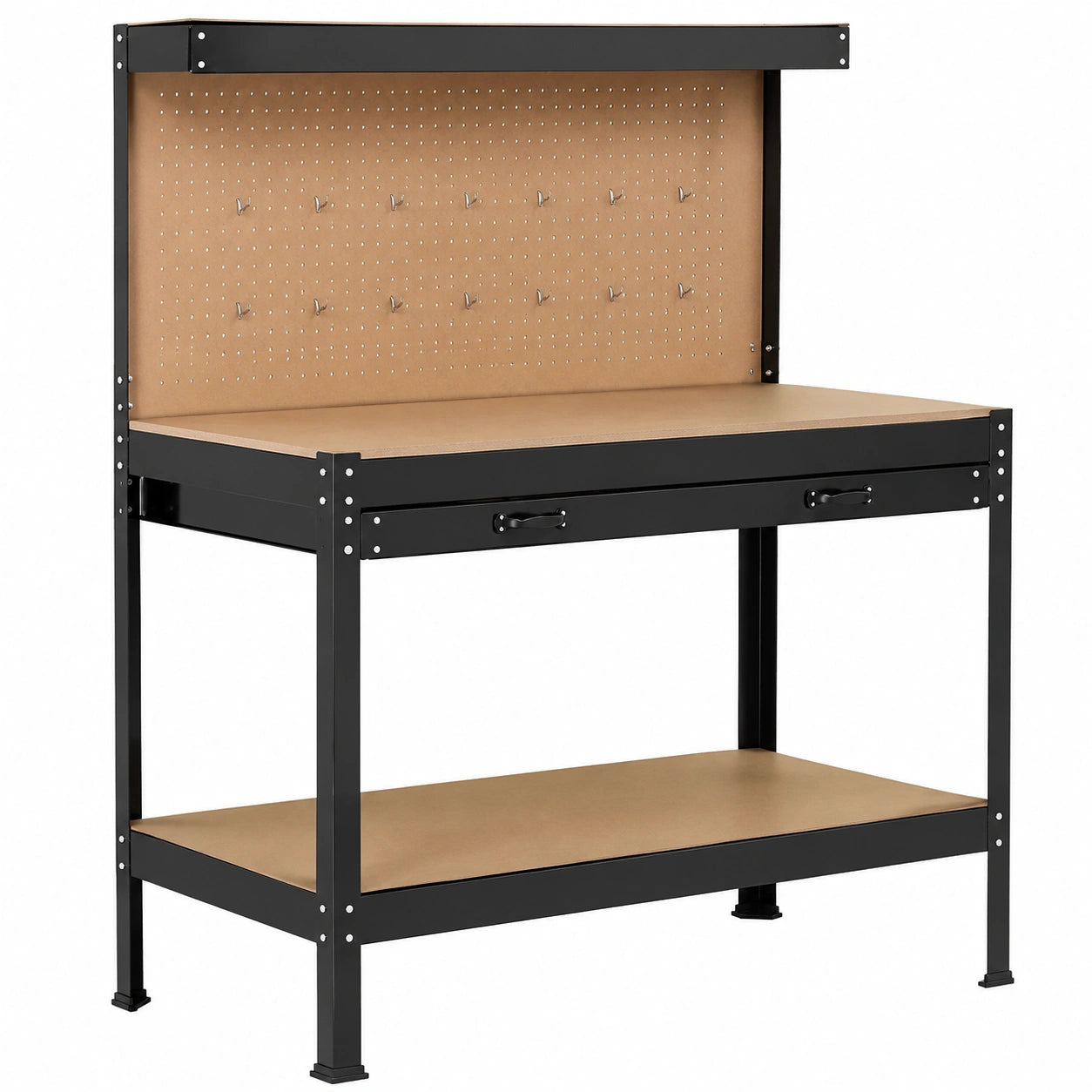 Banco da Officina in Metallo con Ganci e Ripiani, MDF, 90x140cm, Nero