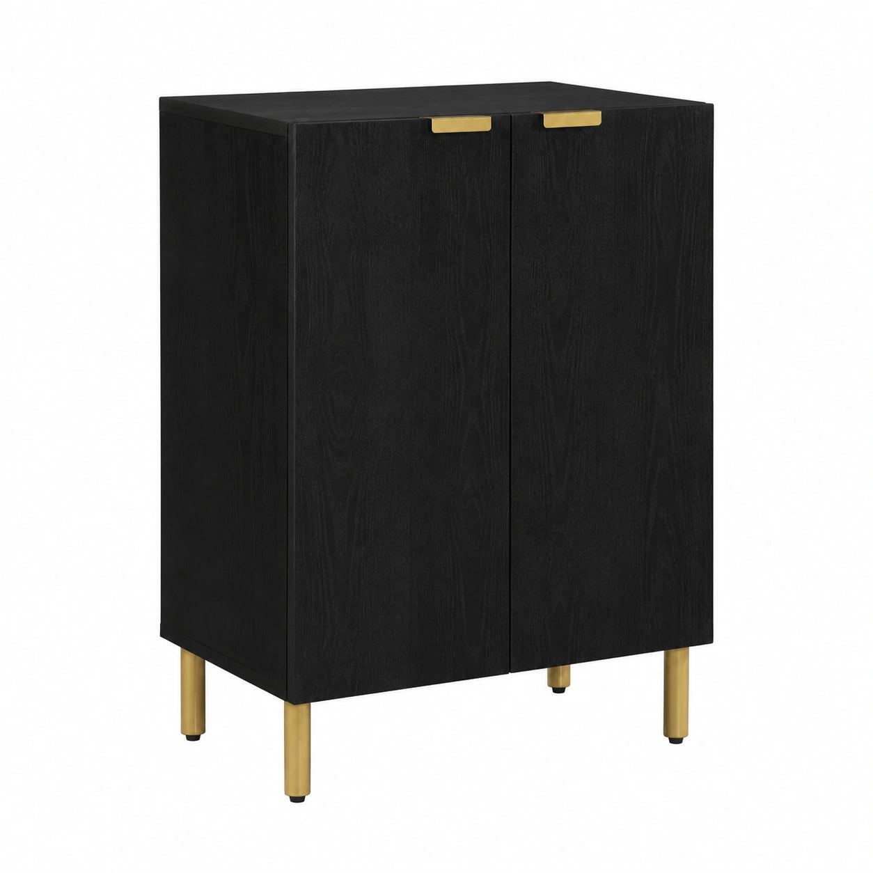 Credenza multifunzionale nera in legno con maniglie ergonomiche e piedini metallici